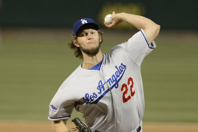 Los Angeles Dodgers starting pitcher Clayton Kershaw throws during the first inning of Game 6 of the National League baseball championship series against the St. Louis Cardinals, Friday, Oct. 18, 2013, in St. Louis. (AP Photo/David Klutho, Pool)
