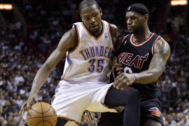 Oklahoma City Thunder small forward Kevin Durant (35) drives against Miami Heat small forward LeBron James (6) during an NBA basketball game in Miami, Wednesday, Jan. 29, 2014. (AP PhotoAlan Diaz) Oklahoma City Thunder small forward Kevin Durant (35) drives against Miami Heat small forward LeBron James (6) during an NBA basketball game in Miami, Wednesday, Jan. 29, 2014. (AP PhotoAlan Diaz)