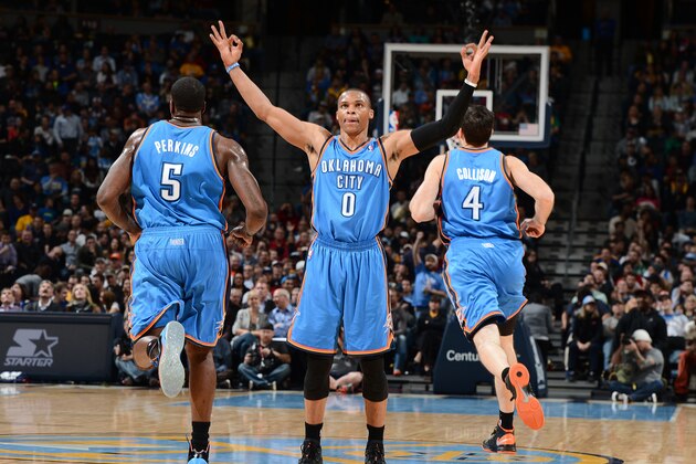 DENVER, CO - DECEMBER 17:  Russell Westbrook #0 of the Oklahoma City Thunder celebrates during the game against the Denver Nuggets on December 17, 2013 at the Pepsi Center in Denver, Colorado. NOTE TO USER: User expressly acknowledges and agrees that, by downloading and/or using this Photograph, user is consenting to the terms and conditions of the Getty Images License Agreement. Mandatory Copyright Notice: Copyright 2013 NBAE (Photo by Garrett W. Ellwood/NBAE via Getty Images)