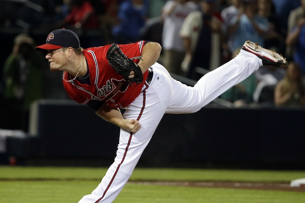 Atlanta Braves relief pitcher Craig Kimbrel throws in the ninth inning of a baseball game against the Philadelphia Phillies, Friday, Sept. 27, 2013, in Atlanta. (AP Photo/David Goldman)