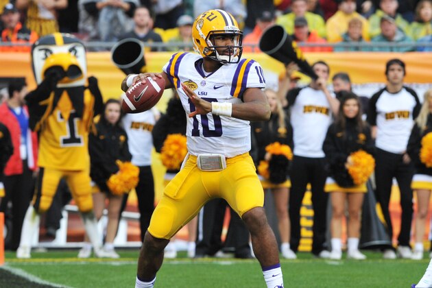 TAMPA, FL - JANUARY 1: Quarterback Anthony Jennings #10 of the LSU Tigers sets to pass against the Iowa Hawkeyes January 1, 2014 in the Outback Bowl at Raymond James Stadium in Tampa, Florida. LSU won 21 - 14. (Photo by Al Messerschmidt/Getty Images) TAMPA, FL - JANUARY 1: Quarterback Anthony Jennings #10 of the LSU Tigers sets to pass against the Iowa Hawkeyes January 1, 2014 in the Outback Bowl at Raymond James Stadium in Tampa, Florida. LSU won 21 - 14. (Photo by Al Messerschmidt/Getty Images)