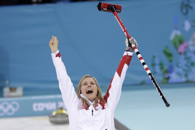 Canada’s skip Jennifer Jones celebrates after delivering the last rock to defeat Sweden in the women's curling gold medal game at the 2014 Winter Olympics, Thursday, Feb. 20, 2014, in Sochi, Russia. (AP Photo/Robert F. Bukaty)