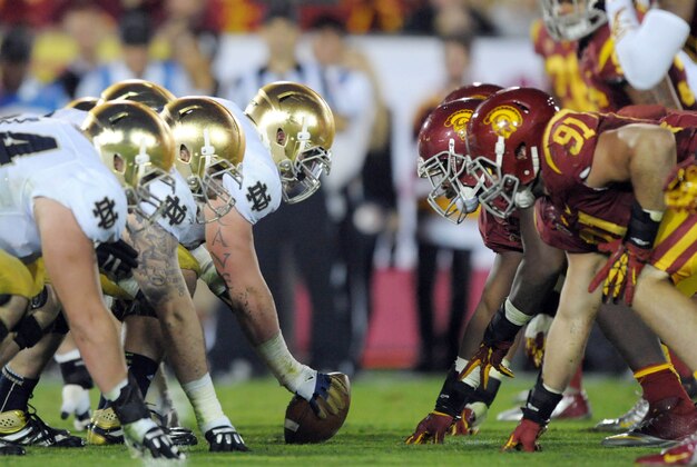 Nov 24, 2012; Los Angeles, CA, USA; A view down the line of scrimmage during the game between Notre Dame Fighting Irish and the Southern California Trojans at the Los Angeles Memorial Coliseum. Notre Dame defeated USC 22-13. Mandatory Credit: Kirby Lee/Image of Sport-USA TODAY Sports