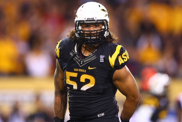 Nov 30, 2013; Tempe, AZ, USA; Arizona State Sun Devils linebacker Carl Bradford (52) against the Arizona Wildcats in the 87th annual Territorial Cup at Sun Devil Stadium. Arizona State defeated Arizona 58-21. Mandatory Credit: Mark J. Rebilas-USA TODAY Sports