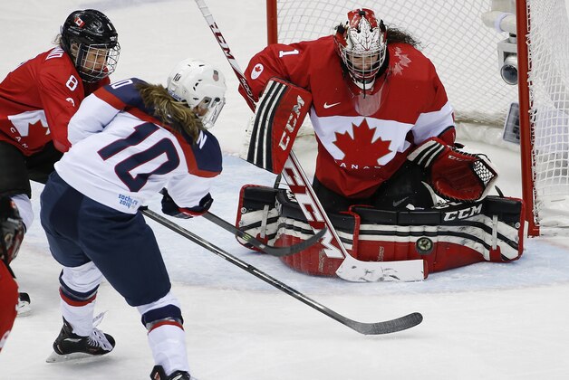 Goalkeeper Shannon Szabados of Canada (1) blocks a shot on goal by Meghan Duggan of the United States (10) during the first period of the women's gold medal ice hockey game at the 2014 Winter Olympics, Thursday, Feb. 20, 2014, in Sochi, Russia. (AP Photo/Petr David Josek)