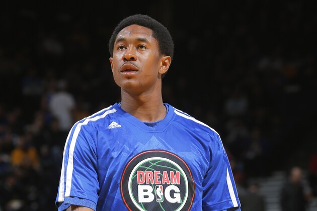 OAKLAND, CA - JANUARY 20: MarShon Brooks #2 of the Golden State Warriors warms up against the Indiana Pacers on January 20, 2014 at Oracle Arena in Oakland, California. NOTE TO USER: User expressly acknowledges and agrees that, by downloading and or using this photograph, user is consenting to the terms and conditions of Getty Images License Agreement. Mandatory Copyright Notice: Copyright 2013 NBAE (Photo by Rocky Widner/NBAE via Getty Images)