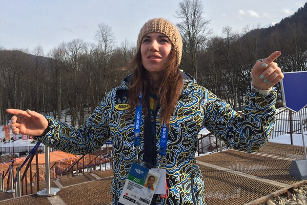 Ukrainian skier Bogdana Matsotska speaks during an interview with the Associated Press at the Sochi 2014 Winter Olympics, Thursday, Feb. 20, 2014, in Krasnaya Polyana, Russia. The International Olympic Committee said on Thursday, Feb. 20, that Matsotska is leaving the Olympics in response to the violence in her country. (AP Photo/Alexander Roslyakov)