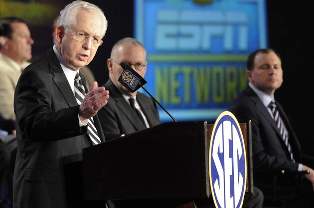 Southeastern Conference Commissioner  Mike Slive speaks during a news conference announcing the launching of the SEC Network in partnership with ESPN, held Thursday, May 2, 2013, in Atlanta. (AP Photo/John Amis)