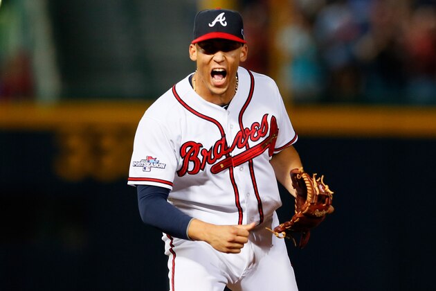 ATLANTA, GA - OCTOBER 04: Andrelton Simmons #19 of the Atlanta Braves reacts after turning a double play in the seventh inning against the Los Angeles Dodgers during Game Two of the National League Division Series at Turner Field on October 4, 2013 in Atlanta, Georgia.  (Photo by Kevin C. Cox/Getty Images)