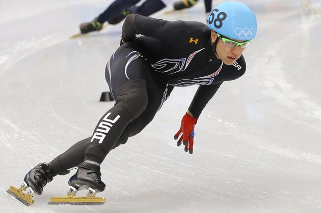 J.R. Celski of the United States compete in a men's 1000m short track speedskating heat at the Iceberg Skating Palace during the 2014 Winter Olympics, Thursday, Feb. 13, 2014, in Sochi, Russia. (AP Photo/Vadim Ghirda)