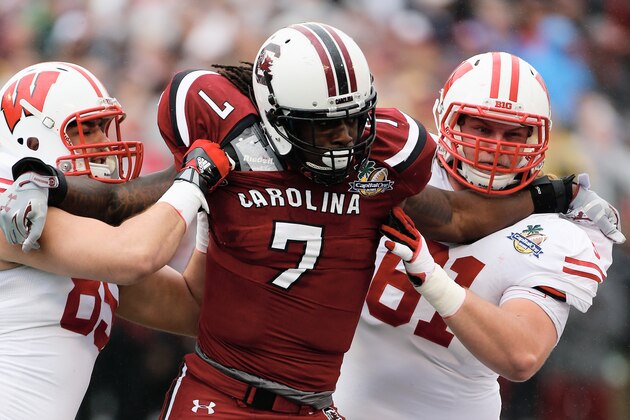 ORLANDO, FL - JANUARY 01:  Jadeveon Clowney #7 of the South Carolina Gamecocks in action during their game against the Wisconsin Badgers at the Capital One Bowl on January 1, 2014 in Orlando, Florida.  (Photo by Scott Halleran/Getty Images)