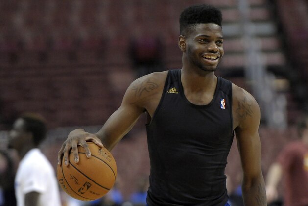Philadelphia 76ers' Nerlens Noel is seen during an NBA basketball game against the Cleveland Cavaliers on Tuesday, Feb. 18, 2014, in Philadelphia. The Cavaliers beat the 76ers 114-85. (AP Photo/Michael Perez)