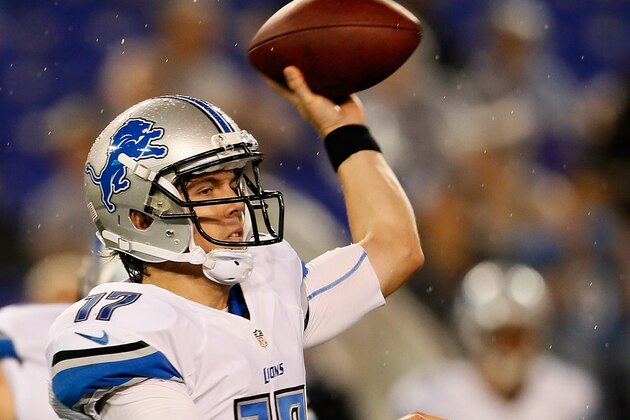 BALTIMORE, MD - AUGUST 17: Quarterback Kellen Moore #17 of the Detroit Lions throws a pass against the Baltimore Ravens during the second half at M&T Bank Stadium on August 17, 2012 in Baltimore, Maryland.  (Photo by Rob Carr/Getty Images)