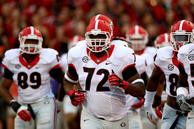 CLEMSON, SC - AUGUST 31:  Kenarious Gates #72 of the Georgia Bulldogs during their game at Memorial Stadium on August 31, 2013 in Clemson, South Carolina.  (Photo by Streeter Lecka/Getty Images)
