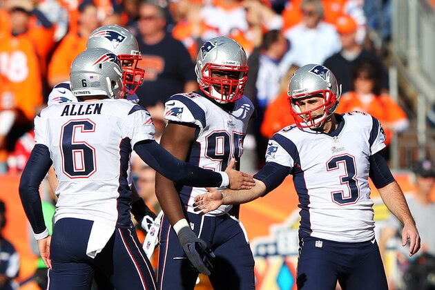 DENVER, CO - JANUARY 19:   Stephen Gostkowski #3 of the New England Patriots celebrates his second quarter field goal against the Denver Broncos during the AFC Championship game at Sports Authority Field at Mile High on January 19, 2014 in Denver, Colorado.  (Photo by Jamie Squire/Getty Images)