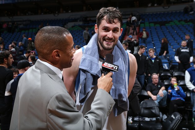 MINNEAPOLIS, MN - FEBRUARY 19: Kevin Love #42 of the Minnesota Timberwolves speaks with the media after the Indiana Pacers during the game on February 19, 2014 at Target Center in Minneapolis, Minnesota. NOTE TO USER: User expressly acknowledges and agrees that, by downloading and or using this Photograph, user is consenting to the terms and conditions of the Getty Images License Agreement. Mandatory Copyright Notice: Copyright 2014 NBAE (Photo by David Sherman/NBAE via Getty Images)