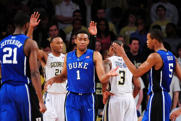 ATLANTA, GA - FEBRUARY 18: Jabari Parker #1 of the Duke Blue Devils is congratulated by Rodney Hood #5 and Amile Jefferson #21 after scoring against the Georgia Tech Yellow Jackets at McCamish Pavilion on February 18, 2014 in Atlanta, Georgia. (Photo by Scott Cunningham/Getty Images)