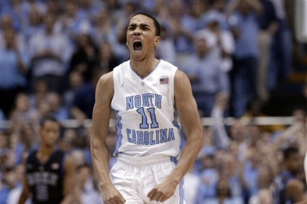 North Carolina's Brice Johnson rcelebrates following a basket late in the second half of an NCAA college basketball game against Duke in Chapel Hill, N.C., Thursday, Feb. 20, 2014. North Carolina won 74-66. (AP Photo/Gerry Broome)