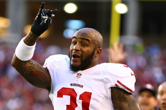 Dec 29, 2013; Phoenix, AZ, USA; San Francisco 49ers safety Donte Whitner (31) reacts against the Arizona Cardinals at University of Phoenix Stadium. Mandatory Credit: Mark J. Rebilas-USA TODAY Sports