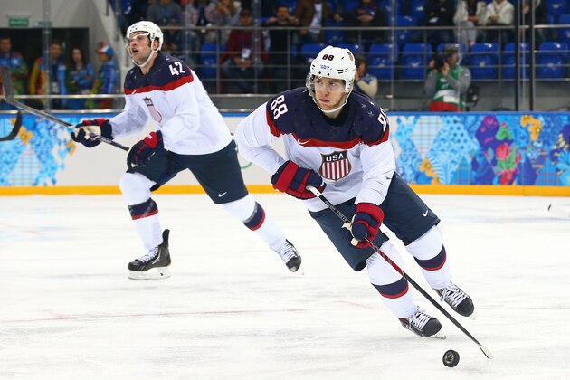 SOCHI, RUSSIA - FEBRUARY 19: Patrick Kane #88 of the United States skates against the Czech Republic during the Men's Ice Hockey Quarterfinal Playoff on Day 12 of the 2014 Sochi Winter Olympics at Shayba Arena on February 19, 2014 in Sochi, Russia. (Photo by Clive Mason/Getty Images) SOCHI, RUSSIA - FEBRUARY 19: Patrick Kane #88 of the United States skates against the Czech Republic during the Men's Ice Hockey Quarterfinal Playoff on Day 12 of the 2014 Sochi Winter Olympics at Shayba Arena on February 19, 2014 in Sochi, Russia. (Photo by Clive Mason/Getty Images)