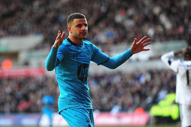 SWANSEA, WALES - JANUARY 19:  Spurs player Kyle Walker celebrates the second Spurs goal during the Barclays premier league match between Swansea City and Tottenham Hotspur at Liberty Stadium on January 19, 2014 in Swansea, Wales.  (Photo by Stu Forster/Getty Images)