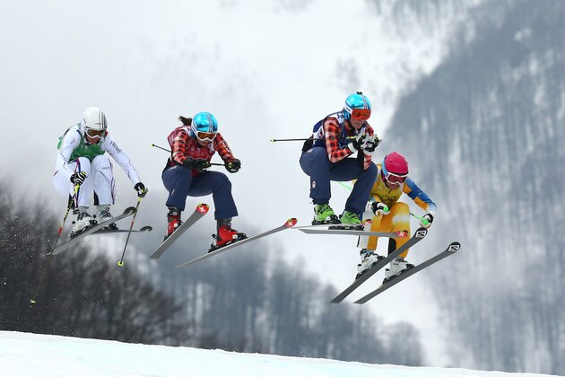 SOCHI, RUSSIA - FEBRUARY 21:  (L-R) Ophelie David of France, Kelsey Serwa of Canada, Marielle Thompson of Canada and Anna Holmlund of Sweden compete in the Freestyle Skiing Womens' Ski Cross Final on day 14 of the 2014 Winter Olympics at Rosa Khutor Extreme Park on February 21, 2014 in Sochi, Russia.  (Photo by Cameron Spencer/Getty Images)