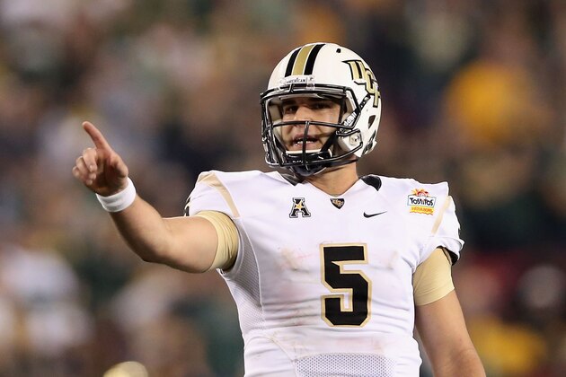 GLENDALE, AZ - JANUARY 01:  Quarterback Blake Bortles #5 of the UCF Knights during the Tostitos Fiesta Bowl against the Baylor Bears at University of Phoenix Stadium on January 1, 2014 in Glendale, Arizona.  (Photo by Christian Petersen/Getty Images)