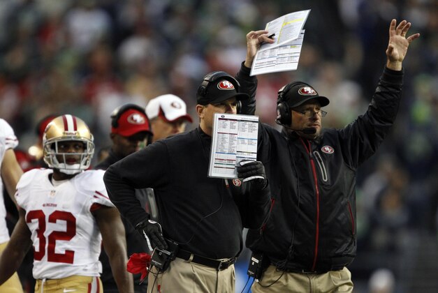 Jan 19, 2014; Seattle, WA, USA; San Francisco 49ers head coach Jim Harbaugh during the first half of the 2013 NFC Championship football game against the Seattle Seahawks at CenturyLink Field. Mandatory Credit: Joe Nicholson-USA TODAY Sports
