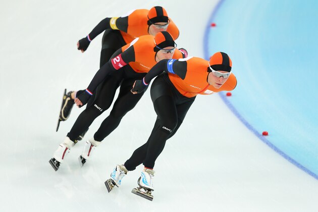 SOCHI, RUSSIA - FEBRUARY 21: (L to R) Sven Kramer, Jan Blokhuijsen and Koen Verweij of the Netherlands compete during the Men's Team Pursuit Quarterfinals Speed Skating event on day fourteen of the Sochi 2014 Winter Olympics at Adler Arena Skating Center on February 21, 2014 in Sochi, Russia. (Photo by Quinn Rooney/Getty Images) SOCHI, RUSSIA - FEBRUARY 21: (L to R) Sven Kramer, Jan Blokhuijsen and Koen Verweij of the Netherlands compete during the Men's Team Pursuit Quarterfinals Speed Skating event on day fourteen of the Sochi 2014 Winter Olympics at Adler Arena Skating Center on February 21, 2014 in Sochi, Russia. (Photo by Quinn Rooney/Getty Images)