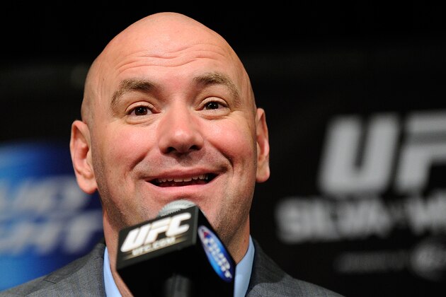 UFC President Dana White speaks during a news conference after the UFC 162 mixed martial arts matches Saturday, July 6, 2013, in Las Vegas. Weidman won with a second round TKO. (AP Photo/David Becker)