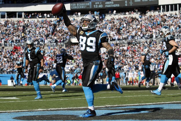Jan 12, 2014; Charlotte, NC, USA; Carolina Panthers wide receiver Steve Smith (89) celebrates a touchdown against the San Francisco 49ers during the first half of the 2013 NFC divisional playoff football game at Bank of America Stadium. Mandatory Credit: Jeremy Brevard-USA TODAY Sports
