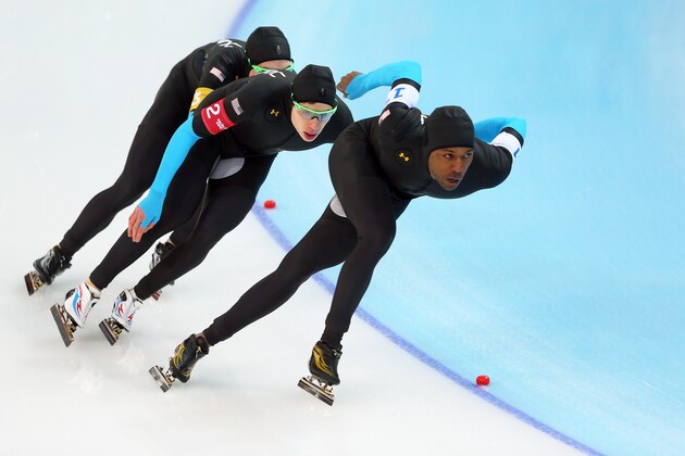 SOCHI, RUSSIA - FEBRUARY 21: (L to R) Jonathan Kuck, Brian Hansen and Shani Davis of the United States compete during the Men's Team Pursuit Quarterfinals Speed Skating event on day fourteen of the Sochi 2014 Winter Olympics at Adler Arena Skating Center on February 21, 2014 in Sochi, Russia. (Photo by Quinn Rooney/Getty Images) SOCHI, RUSSIA - FEBRUARY 21: (L to R) Jonathan Kuck, Brian Hansen and Shani Davis of the United States compete during the Men's Team Pursuit Quarterfinals Speed Skating event on day fourteen of the Sochi 2014 Winter Olympics at Adler Arena Skating Center on February 21, 2014 in Sochi, Russia. (Photo by Quinn Rooney/Getty Images)