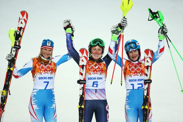SOCHI, RUSSIA - FEBRUARY 21:  (L-R) Silver medalist Marlies Schild of Austria, gold medalist Mikaela Shiffrin of the United States and bronze medalist Kathrin Zettel of Austria celebrate during the Women's Slalom during day 14 of the Sochi 2014 Winter Olympics at Rosa Khutor Alpine Center on February 21, 2014 in Sochi, Russia.  (Photo by Doug Pensinger/Getty Images)
