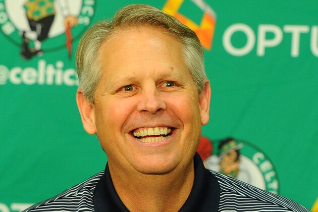 WALTHAM - JULY 15:  Danny Ainge speaks at a press conference announcing Keith Bogans, MarShon Brooks and Kris Humphries as a members of the Boston Celtics on July 15, 2013 at The Training Center at Healthpoint in Waltham, Massachusetts.  NOTE TO USER: User expressly acknowledges and agrees that, by downloading and or using this photograph, User is consenting to the terms and conditions of the Getty Images License Agreement. Mandatory Copyright Notice: Copyright 2013 NBAE  (Photo by Brian Babineau/NBAE via Getty Images)