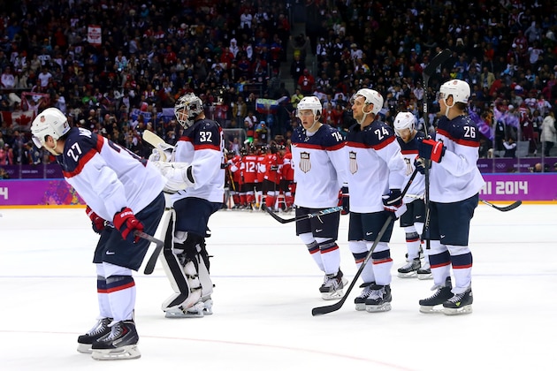 SOCHI, RUSSIA - FEBRUARY 21:  The United States reacts after losing 1-0 to Canada during the Men's Ice Hockey Semifinal Playoff on Day 14 of the 2014 Sochi Winter Olympics at Bolshoy Ice Dome on February 21, 2014 in Sochi, Russia.  (Photo by Martin Rose/Getty Images)