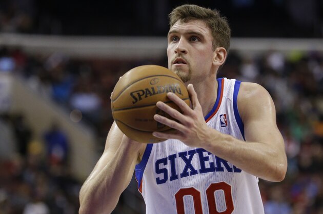 Philadelphia 76ers Spencer Hawes in action during an NBA basketball game against the Toronto Raptors, Friday, Jan. 24, 2014, in Philadelphia. (AP Photo/Matt Slocum)