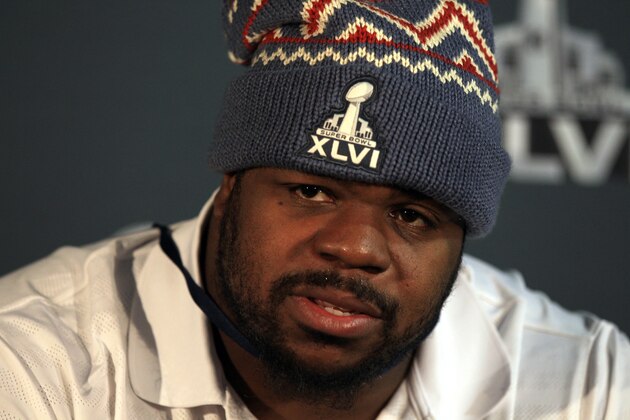 INDIANAPOLIS, IN - FEBRUARY 01:  Vince Wilfork #75 of the New England Patriots answers questions from the press during a media availability session for Super Bowl XLVI at the University Place Conference Center & Hotel on February 1, 2012 in Indianapolis, Indiana.  (Photo by Scott Halleran/Getty Images)