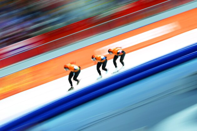 SOCHI, RUSSIA - FEBRUARY 21:  Sven Kramer, Koen Verweij and Jan Blokhuijsen of the Netherlands compete during the Men's Team Pursuit Semifinals Speed Skating event on day fourteen of the Sochi 2014 Winter Olympics at Adler Arena Skating Center on February 21, 2014 in Sochi, Russia.  (Photo by Streeter Lecka/Getty Images)