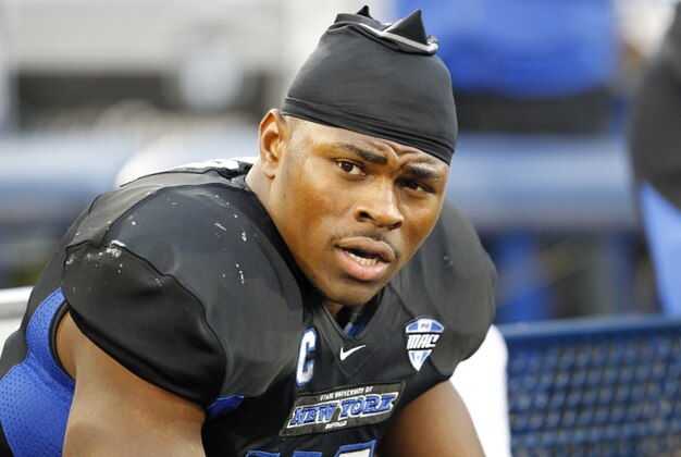 Oct 19, 2013; Buffalo, NY, USA; Buffalo Bulls linebacker Khalil Mack (46) on the sideline during the first half against the Massachusetts Minutemen at University of Buffalo Stadium. Mandatory Credit: Timothy T. Ludwig-USA TODAY Sports