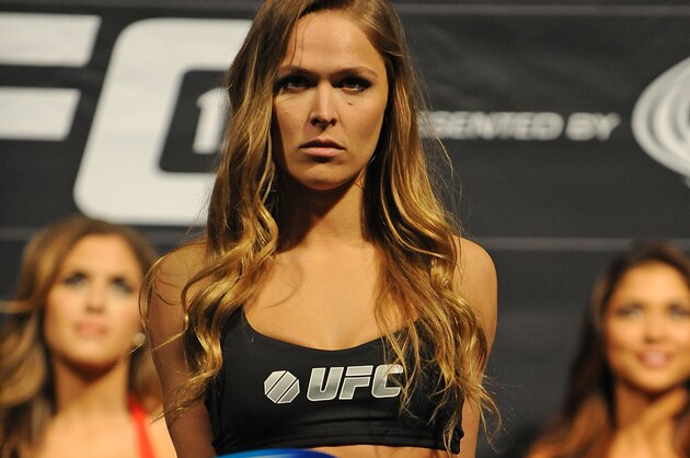Feb 21, 2014; Las Vegas, NV, USA; UFC Women's Bantamweight Champion Ronda Rousey participates in the UFC 170 weigh-in at Mandalay Bay Events Center. Mandatory Credit: Stephen R. Sylvanie-USA TODAY Sports
