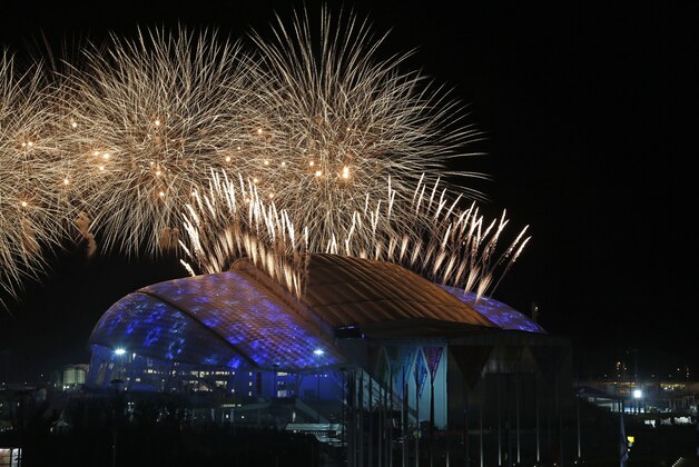 Fireworks are seen over Fisht Stadium during the opening ceremony of the 2014 Winter Olympics in Sochi, Russia, Friday, Feb. 7, 2014. (AP Photo/Julio Cortez)