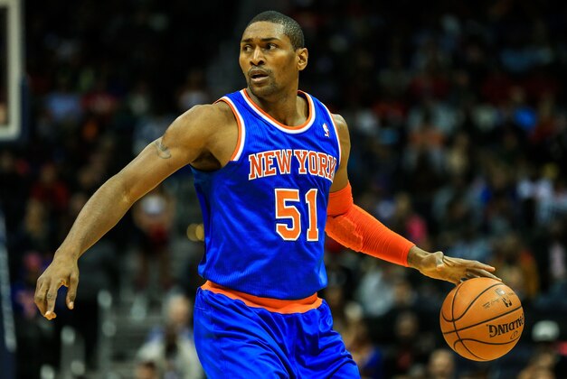 Nov 13, 2013; Atlanta, GA, USA; New York Knicks small forward Metta World Peace (51) dribbles down the court in the first half against the Atlanta Hawks at Philips Arena. Mandatory Credit: Daniel Shirey-USA TODAY Sports Nov 13, 2013; Atlanta, GA, USA; New York Knicks small forward Metta World Peace (51) dribbles down the court in the first half against the Atlanta Hawks at Philips Arena. Mandatory Credit: Daniel Shirey-USA TODAY Sports