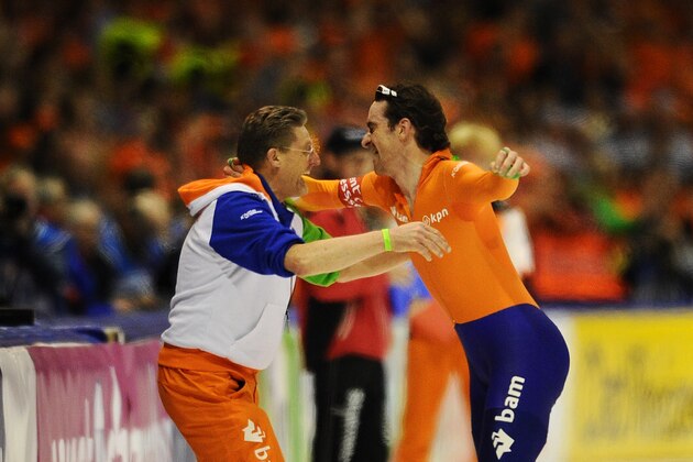 HEERENVEEN, NETHERLANDS - MARCH 24:  Bob de Jong (R) of the Netherlands celebrates with his coach Jillert Anema after clocking the fastest time at the 10000m race at the Essent ISU World Single Distances Championship Speed Skating at the Thialf Stadium on March 24, 2012 in Heerenveen, Netherlands.  (Photo by Jasper Juinen/Getty Images)