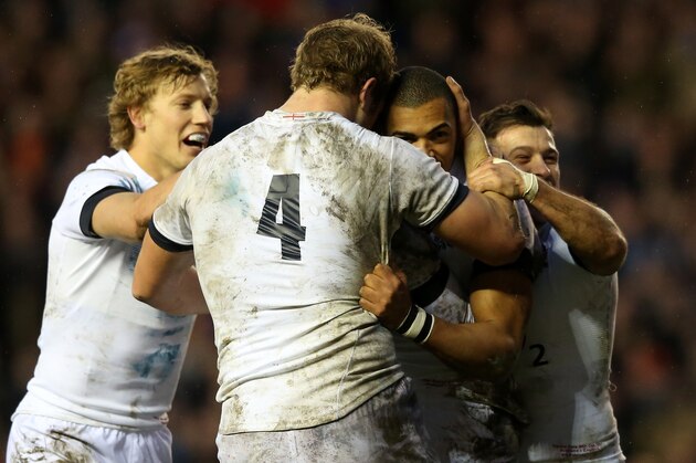 EDINBURGH, SCOTLAND - FEBRUARY 08:  Luther Burrell of England (2R) celebrates with Billy Twelvetrees, Joe Launchbury and Danny Care of England after scoring the first try during the RBS Six Nations match between Scotland and England at Murrayfield Stadium on February 8, 2014 in Edinburgh, Scotland.  (Photo by David Rogers/Getty Images)