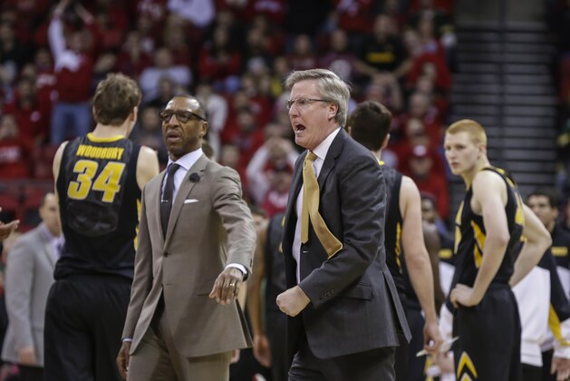 Iowa coach Fran McCaffery argues a call during the second half of an NCAA college basketball game against Wisconsin Sunday, Jan. 5, 2014, in Madison, Wis. McCaffery was charged with 2 technical fouls and was ejected from the game. Wisconsin won 75-71. (AP Photo/Andy Manis)
