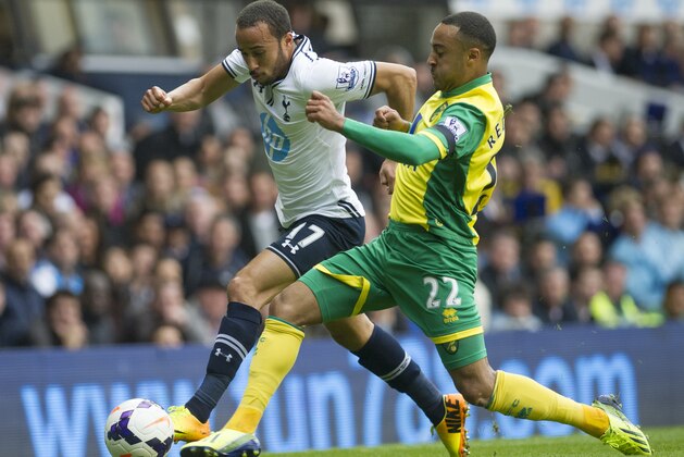 Tottenham Hotspur's Andros Townsend, left, fights for the ball with Norwich City's Nathan Redmond during their English Premier League soccer match at White Hart Lane stadium, London, Saturday, Sept. 14, 2013. (AP Photo/Bogdan Maran)