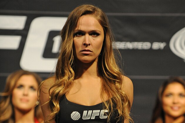 Feb 21, 2014; Las Vegas, NV, USA; UFC Women's Bantamweight Champion Ronda Rousey participates in the UFC 170 weigh-in at Mandalay Bay Events Center. Mandatory Credit: Stephen R. Sylvanie-USA TODAY Sports