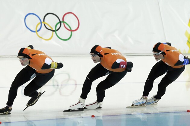 Speedskaters from the Netherlands, left to right, Sven Kramer, Jan Blokhuijsen and Koen Verweij skate on their way to win the gold medal in the mens team pursuit at the Adler Arena Skating Center at the 2014 Winter Olympics, Saturday, Feb. 22, 2014, in Sochi, Russia. (AP Photo/Matt Dunham) Speedskaters from the Netherlands, left to right, Sven Kramer, Jan Blokhuijsen and Koen Verweij skate on their way to win the gold medal in the mens team pursuit at the Adler Arena Skating Center at the 2014 Winter Olympics, Saturday, Feb. 22, 2014, in Sochi, Russia. (AP Photo/Matt Dunham)