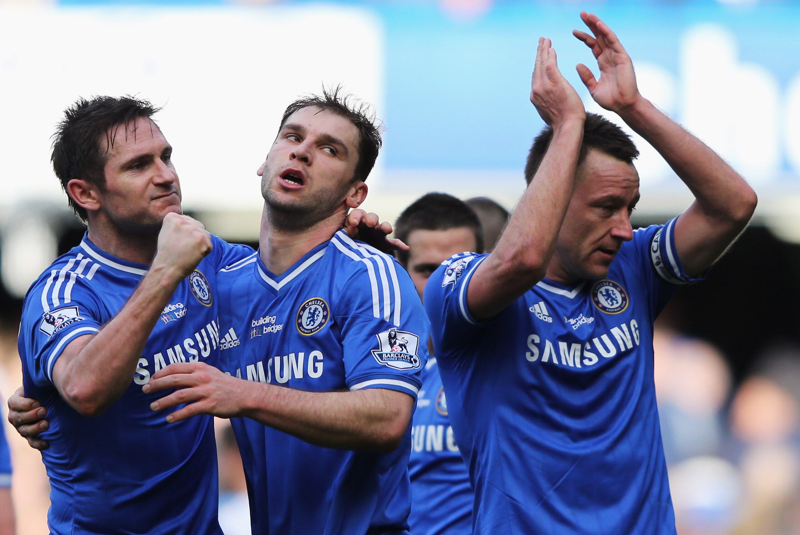LONDON, ENGLAND - FEBRUARY 22:  (L-R) Frank Lampard, Branislav Ivanovic and John Terry of Chelsea celebrate victory after the Barclays Premier League match between Chelsea and Everton at Stamford Bridge on February 22, 2014 in London, England.  (Photo by Ian Walton/Getty Images)