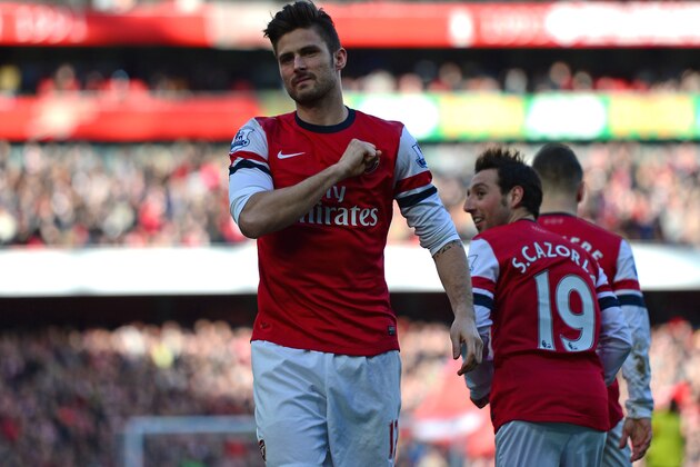 LONDON, ENGLAND - FEBRUARY 22:  Olivier Giroud of Arsenal celebrates after scoring a goal during the Barclays Premier League match between Arsenal and Sunderland at Emirates Stadium on February 22, 2014 in London, England.  (Photo by Jamie McDonald/Getty Images)